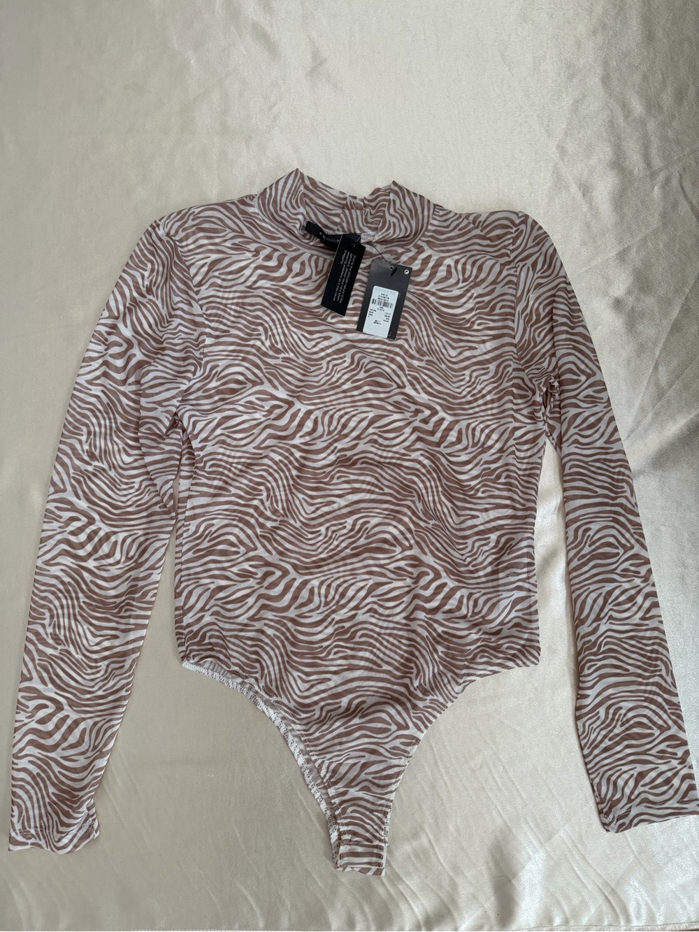Primark Tan Zebra Print Mesh Mock Neck Bodysuit Size S NWT